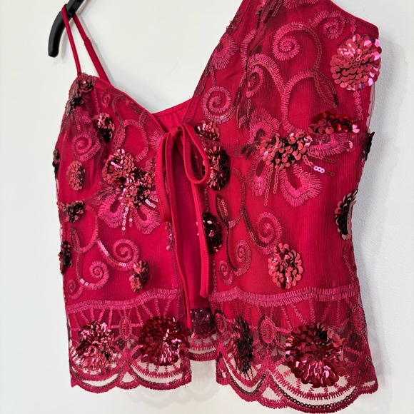 SHEIN Y2k Fairycore Cami Top Embroidery Mesh Babydoll Red Sequin Tie Front Small - Picture 7 of 14